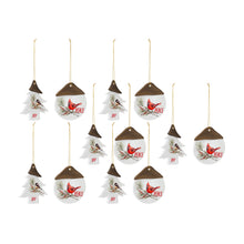 Load image into Gallery viewer, Ceramic Chickadee Pine Branch Peace Joy Tag Ornament (Set of 12)