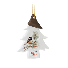 Load image into Gallery viewer, Ceramic Chickadee Pine Branch Peace Joy Tag Ornament (Set of 12)