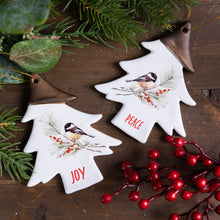 Load image into Gallery viewer, Ceramic Chickadee Pine Branch Peace Joy Tag Ornament (Set of 12)
