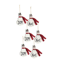 Load image into Gallery viewer, Metal Snowman Sentiment Ornament with Scarf (Set of 6)