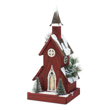 Load image into Gallery viewer, Lighted Winter Church Display with Pine Accents and Snowy Finish 19"H