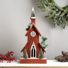 Load image into Gallery viewer, Lighted Winter Church Display with Pine Accents and Snowy Finish 19"H