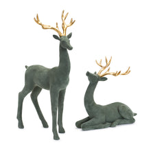 Load image into Gallery viewer, Green Flocked Deer Figurine with Gold Antlers (Set of 2)