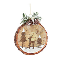 Load image into Gallery viewer, Glass Tree Disc Ornament with Etched Cabin and Woodland Design (Set of 6)