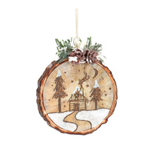 Load image into Gallery viewer, Glass Tree Disc Ornament with Etched Cabin and Woodland Design (Set of 6)