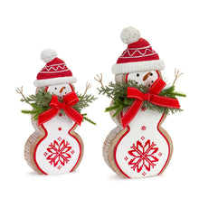 Load image into Gallery viewer, Nordic Snowflake Snowman Figurine with Pine Bow Accent (Set of 2)