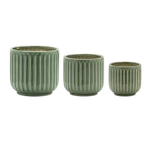 Load image into Gallery viewer, Green Ribbed Terra Cotta Pot Planter (Set of 3)