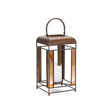Load image into Gallery viewer, Brozne Metal Candle Holder with Amber Glass Panes and Hurricane 13.5"H