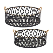 Load image into Gallery viewer, Round Woven Bamboo Trays with Rattan Handle Accent (Set of 2)
