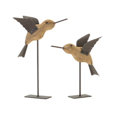 Load image into Gallery viewer, Natural Fir Wood Bird Figurine with Rustic Metal Accents (Set of 2)