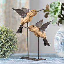 Load image into Gallery viewer, Natural Fir Wood Bird Figurine with Rustic Metal Accents (Set of 2)