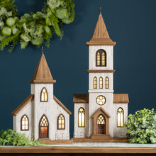 Load image into Gallery viewer, Lighted Natural Wooden Church Display with Rustic Metal Accents 25.25"H