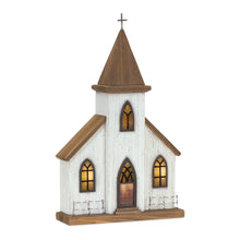 Load image into Gallery viewer, Lighted Natural Wooden Church Display with Rustic Metal Accents 17.5"H