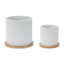Load image into Gallery viewer, White Stone Planter with Wood Plate (Set of 2)