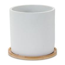 Load image into Gallery viewer, White Stone Planter with Wood Plate (Set of 2)