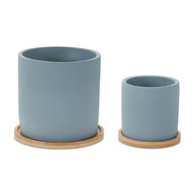 Load image into Gallery viewer, Blue Stone Planter with Wood Plate (Set of 2)