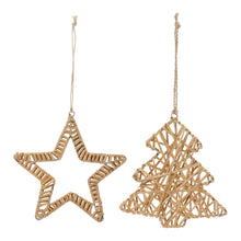 Load image into Gallery viewer, Woven Rattan Star and Tree Ornament (Set of 12)
