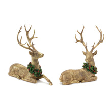 Load image into Gallery viewer, Laying Deer Figurine with Holly Wreath (Set of 2)
