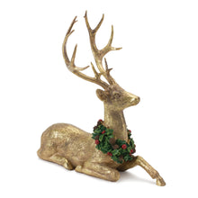 Load image into Gallery viewer, Laying Deer Figurine with Holly Wreath (Set of 2)