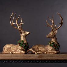 Load image into Gallery viewer, Laying Deer Figurine with Holly Wreath (Set of 2)