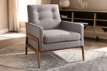 Load image into Gallery viewer, Baxton Studio Perris Mid-Century Modern Grey Fabric Upholstered Walnut Wood Lounge Chair