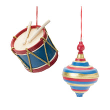 Load image into Gallery viewer, Toy Drum and Top Spinner Ornament (Set of 12)