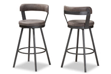 Load image into Gallery viewer, Baxton Studio Arcene Rustic and Industrial Antique Grey Fabric Swivel Bar Stool Set of 2