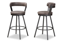 Load image into Gallery viewer, Baxton Studio Arcene Rustic and Industrial Antique Grey Fabric Swivel Bar Stool Set of 2