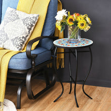 Load image into Gallery viewer, 14-Inch Mosaic Side Small Round Bistro End Table with Cast Iron Plant Stand