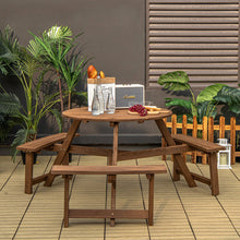 Load image into Gallery viewer, 6-person Round Wooden Picnic Table with Umbrella Hole and 3 Built-in Benches-Dark Brown