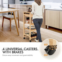 Load image into Gallery viewer, Bamboo Rolling Kitchen Trolley Cart with Drawer and Wine Rack-Natural