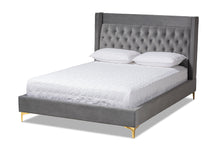 Load image into Gallery viewer, Baxton Studio Valery Modern and Contemporary Dark Gray Velvet Fabric Upholstered King Size Platform Bed with Gold-Finished Legs