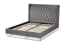 Load image into Gallery viewer, Baxton Studio Valery Modern and Contemporary Dark Gray Velvet Fabric Upholstered King Size Platform Bed with Gold-Finished Legs