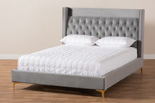 Load image into Gallery viewer, Baxton Studio Valery Modern and Contemporary Dark Gray Velvet Fabric Upholstered Queen Size Platform Bed with Gold-Finished Legs