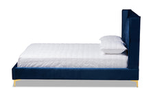 Load image into Gallery viewer, Baxton Studio Valery Modern and Contemporary Navy Blue Velvet Fabric Upholstered King Size Platform Bed with Gold-Finished Legs