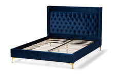 Load image into Gallery viewer, Baxton Studio Valery Modern and Contemporary Navy Blue Velvet Fabric Upholstered King Size Platform Bed with Gold-Finished Legs