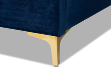 Load image into Gallery viewer, Baxton Studio Valery Modern and Contemporary Navy Blue Velvet Fabric Upholstered Queen Size Platform Bed with Gold-Finished Legs