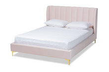 Load image into Gallery viewer, Baxton Studio Saverio Glam and Luxe Light Pink Velvet Fabric Upholstered Queen Size Platform Bed with Gold-Tone Legs