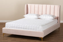 Load image into Gallery viewer, Baxton Studio Saverio Glam and Luxe Light Pink Velvet Fabric Upholstered Queen Size Platform Bed with Gold-Tone Legs