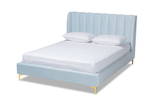Load image into Gallery viewer, Baxton Studio Saverio Glam and Luxe Light Blue Velvet Fabric Upholstered Queen Size Platform Bed with Gold-Tone Legs