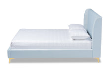 Load image into Gallery viewer, Baxton Studio Saverio Glam and Luxe Light Blue Velvet Fabric Upholstered Queen Size Platform Bed with Gold-Tone Legs