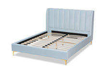 Load image into Gallery viewer, Baxton Studio Saverio Glam and Luxe Light Blue Velvet Fabric Upholstered Queen Size Platform Bed with Gold-Tone Legs