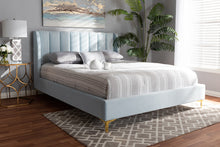 Load image into Gallery viewer, Baxton Studio Saverio Glam and Luxe Light Blue Velvet Fabric Upholstered Queen Size Platform Bed with Gold-Tone Legs