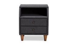 Load image into Gallery viewer, Baxton Studio Claverie Mid-Century Modern Charcoal Fabric Upholstered 2-Drawer Wood Nightstand