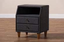 Load image into Gallery viewer, Baxton Studio Claverie Mid-Century Modern Charcoal Fabric Upholstered 2-Drawer Wood Nightstand