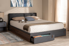 Load image into Gallery viewer, Baxton Studio Rikke Modern and Contemporary Two-Tone Gray and Walnut Finished Wood Queen Size Platform Storage Bed with Gray Fabric Upholstered Headboard