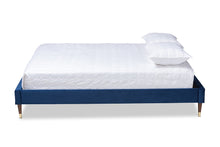 Load image into Gallery viewer, Baxton Studio Volden Glam and Luxe Navy Blue Velvet Fabric Upholstered Full Size Wood Platform Bed Frame with Gold-Tone Leg Tips