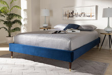 Load image into Gallery viewer, Baxton Studio Volden Glam and Luxe Navy Blue Velvet Fabric Upholstered Full Size Wood Platform Bed Frame with Gold-Tone Leg Tips