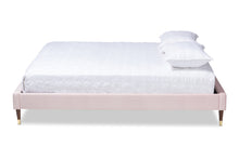 Load image into Gallery viewer, Baxton Studio Volden Glam and Luxe Light Pink Velvet Fabric Upholstered Full Size Wood Platform Bed Frame with Gold-Tone Leg Tips