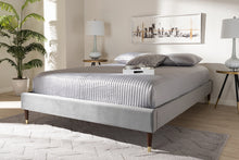 Load image into Gallery viewer, Baxton Studio Volden Glam and Luxe Charcoal Velvet Fabric Upholstered Full Size Wood Platform Bed Frame with Gold-Tone Leg Tips